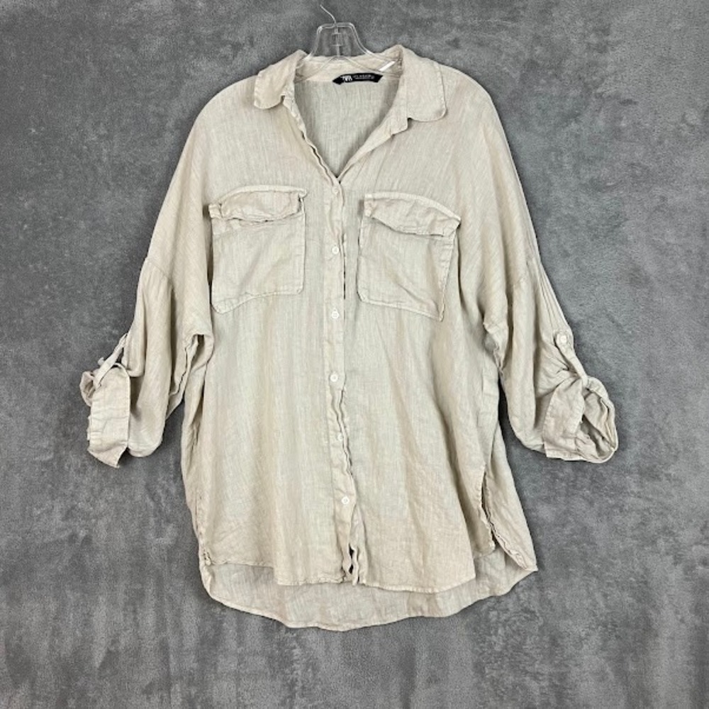 Zara 100% Linen Button Down Shirt Womens S Lightweight Boho Beachy Relaxed